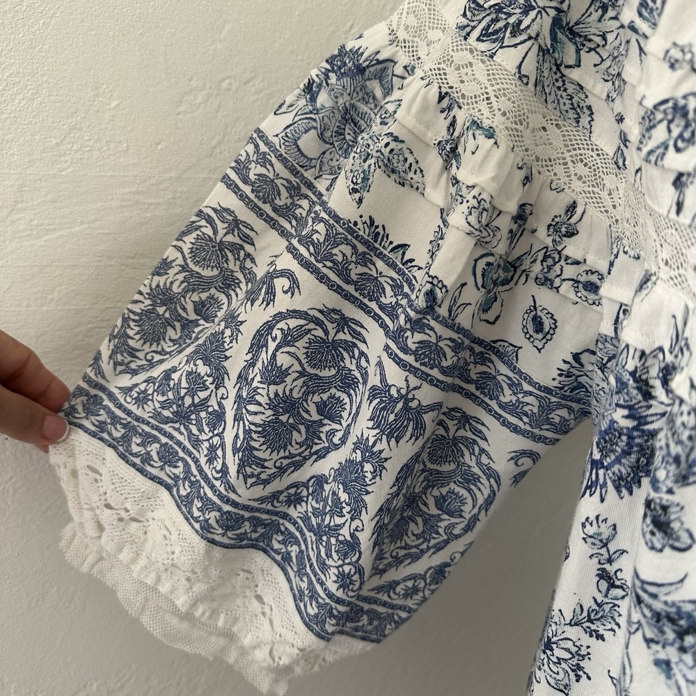 Sundance Top Womens M Blue Floral Lace Cottagecore Puff Sleeve Button Up - Picture 5 of 10
